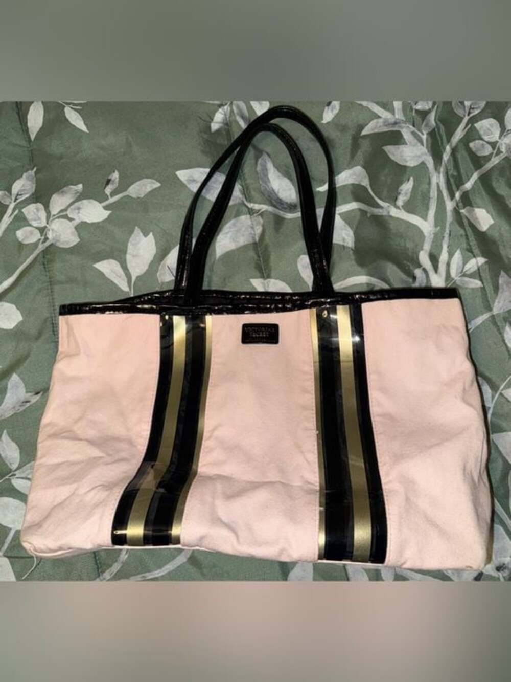 Women's Pink Tote Bag with Black & Gold Stripes